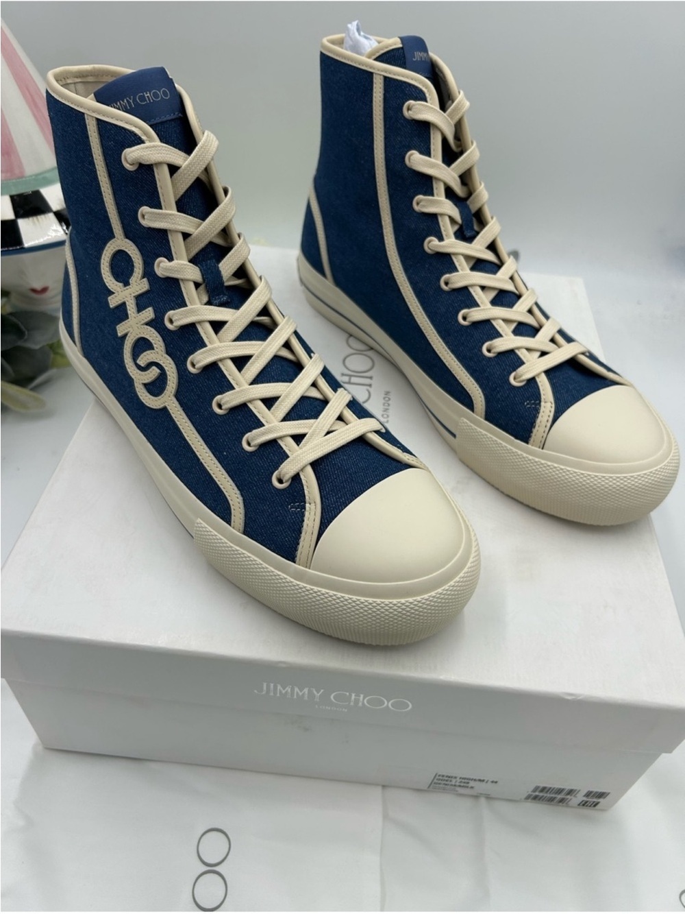Men’s Jimmy Choo logo high top denim canvas sneakers size 44 NWT